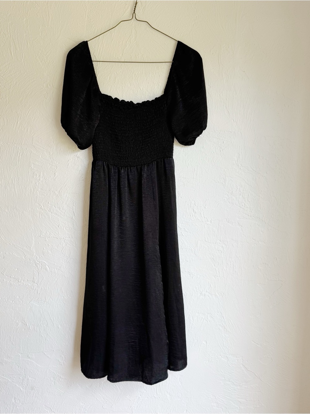 RESA Black Smocked Bodice Midi Dress with Puff Sleeves